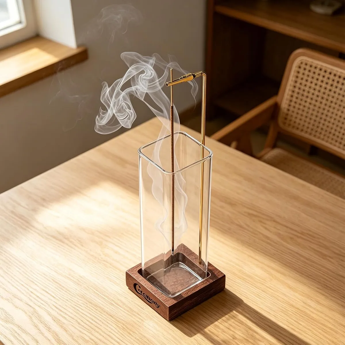 Le porte-encens allumé sur une table en bois